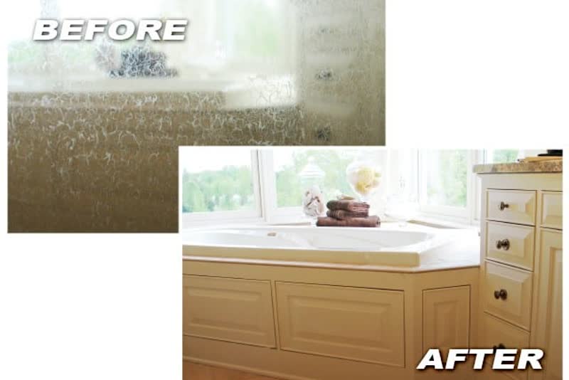 Shower glass heavy with hard-water deposits before restoration, and the finished bathroom after