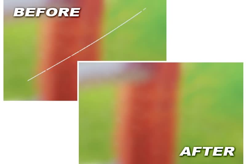 Scratch across a glass pane before removal, and the same pane polished back to optical clarity